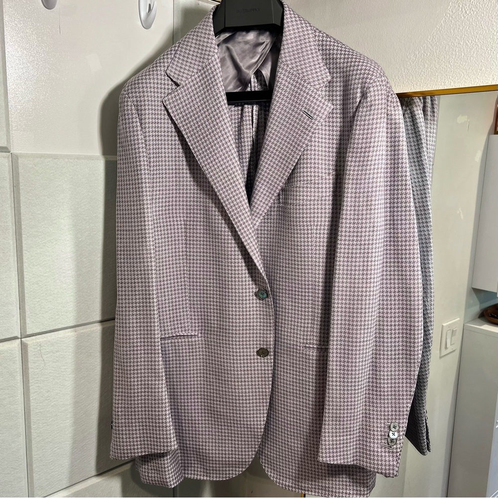 SUITSUPPLY Purple Houndstooth Wool Silk Linen Roma blazer 46R